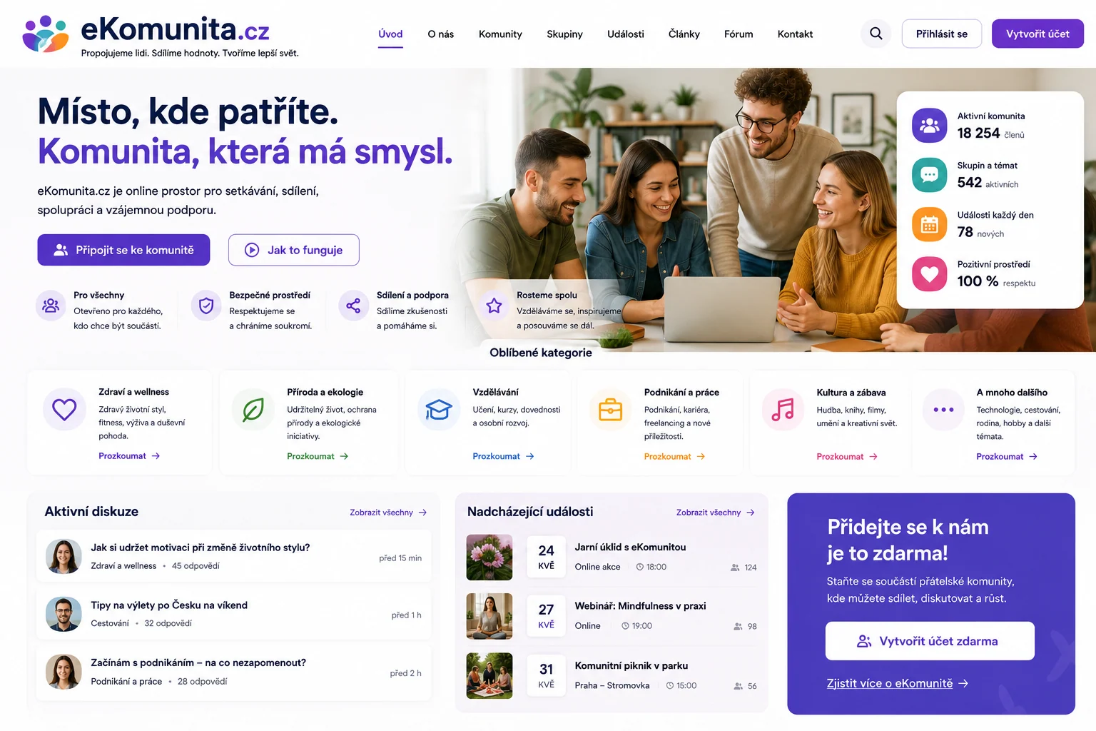 Ilustrační návrh komunitní platformy eKomunita.cz s fialovými prvky a skupinou lidí